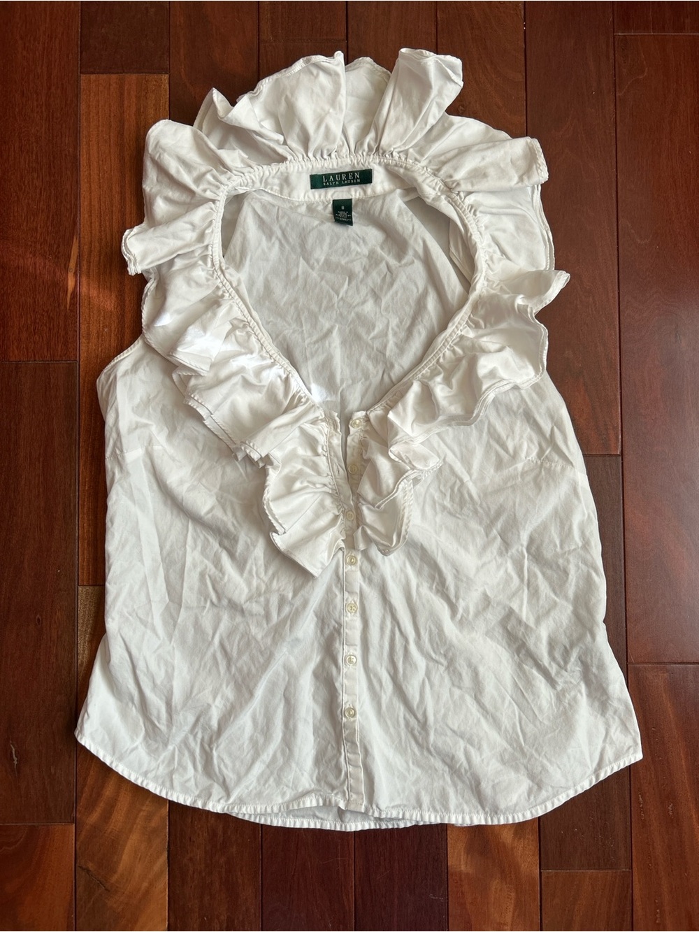 100% Cotton Ralph Lauren White Ruffled Sleeveless Button-Front Blouse